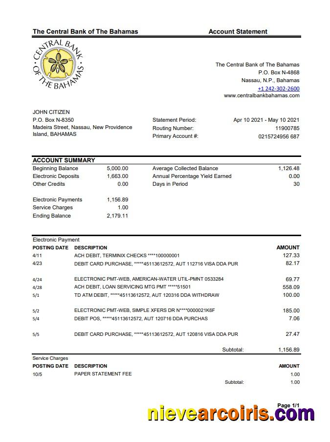 Bahamas The Central bank of the Bahamas bank statement easy to fill in .xls and .pdf file format